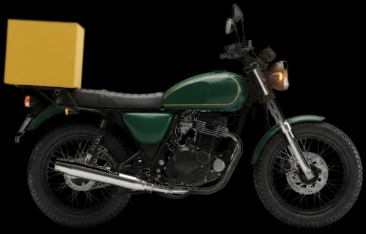 Green 10th Gear delivery motorcycle with a yellow delivery box